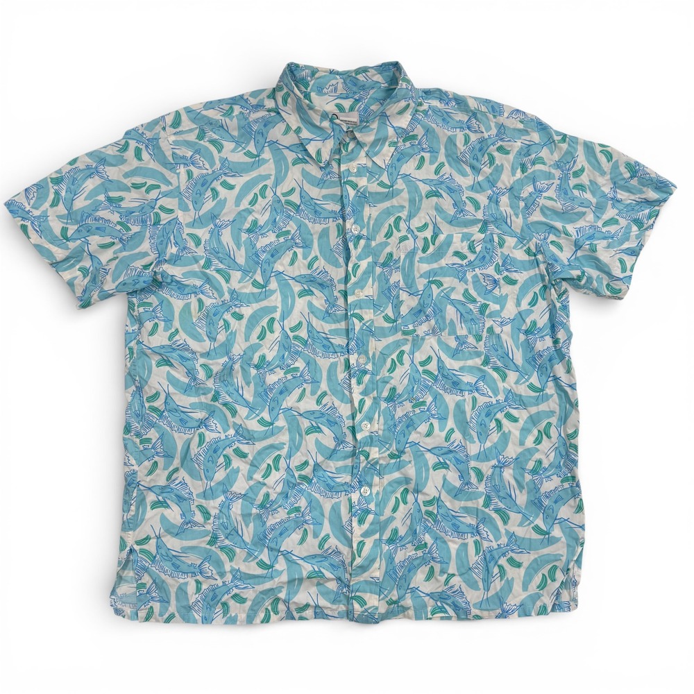 Lilly Pulitzer Cotton Button Up Shirt Mens Medium Blue Fish Print Short Sleeve
